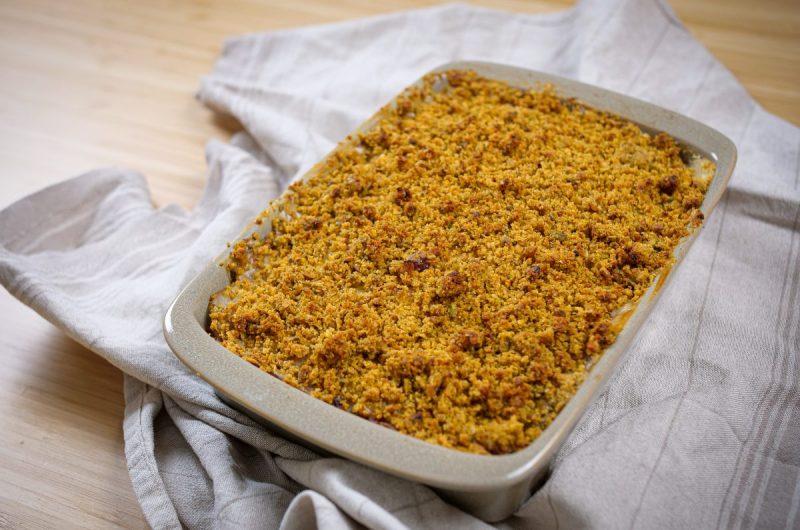 Bacalhau granitado com legumes