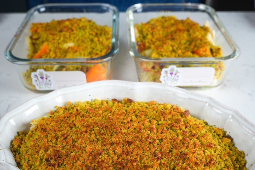 Crumble de bacalhau, abóbora e chouriço
