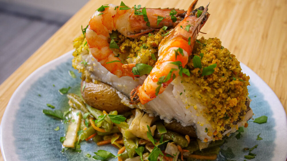 bacalhau assado com crosta de broa