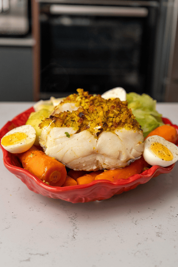 bacalhau no forno com grão e broa