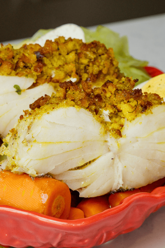bacalhau no forno com grão e broa