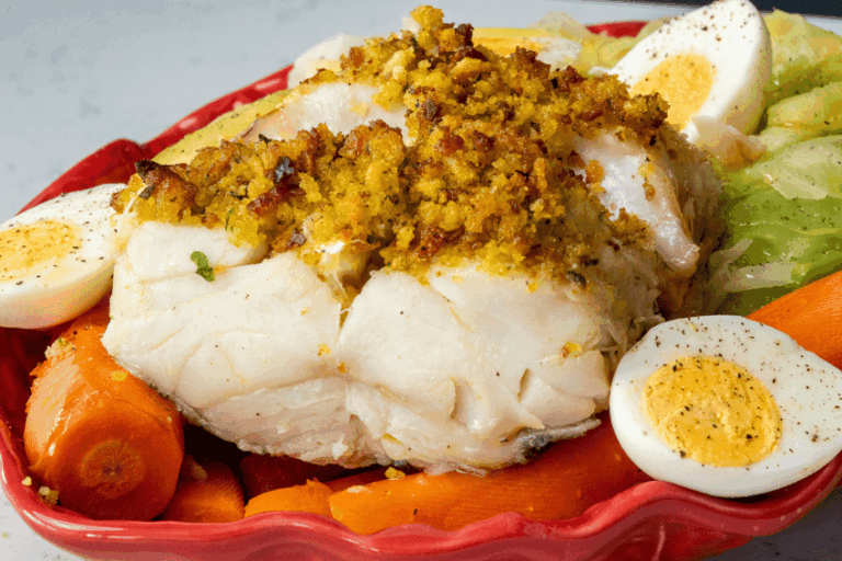 bacalhau no forno com grão e broa